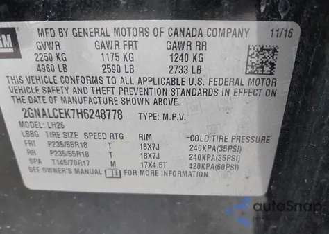 2017 Chevrolet Equinox Lt из США, поврежденный, VIN 2GNALCEK7H6248778